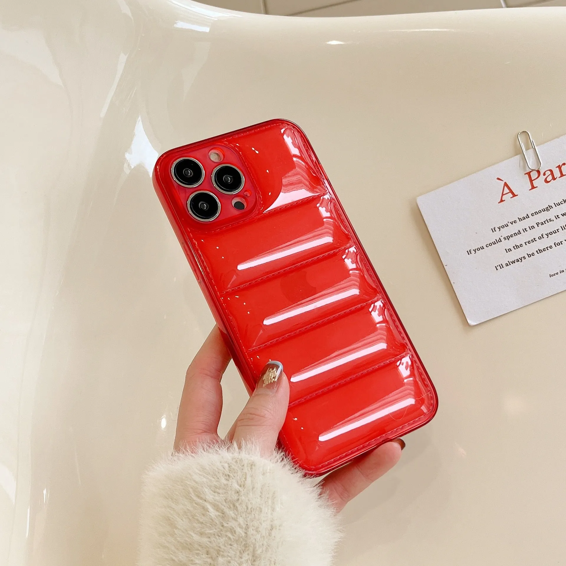 Transparent purple down jacket texture TPU phone case with fine hole cutouts for iPhone