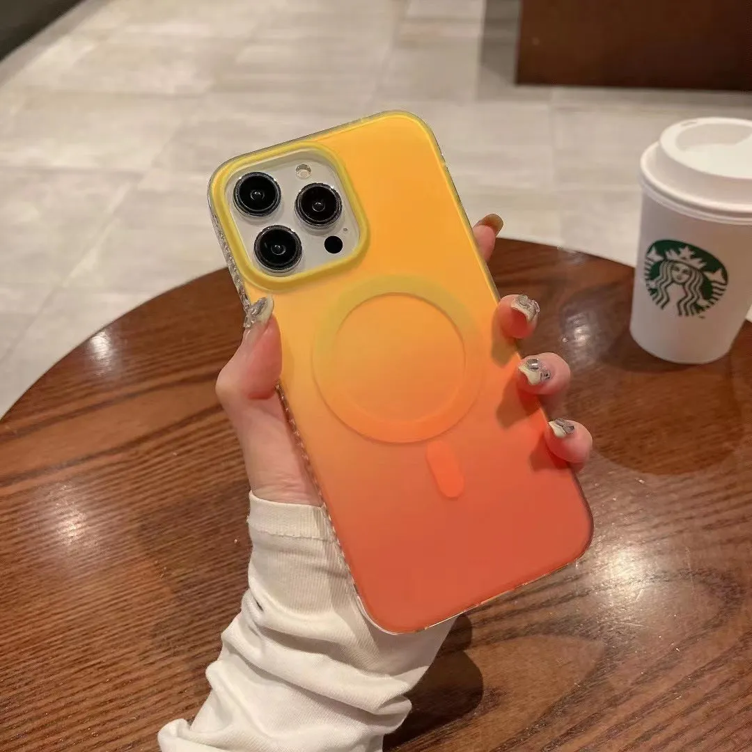 Gradient streamer neon magnetic suction phone case for iPhone in frosted acrylic with red and yellow colour