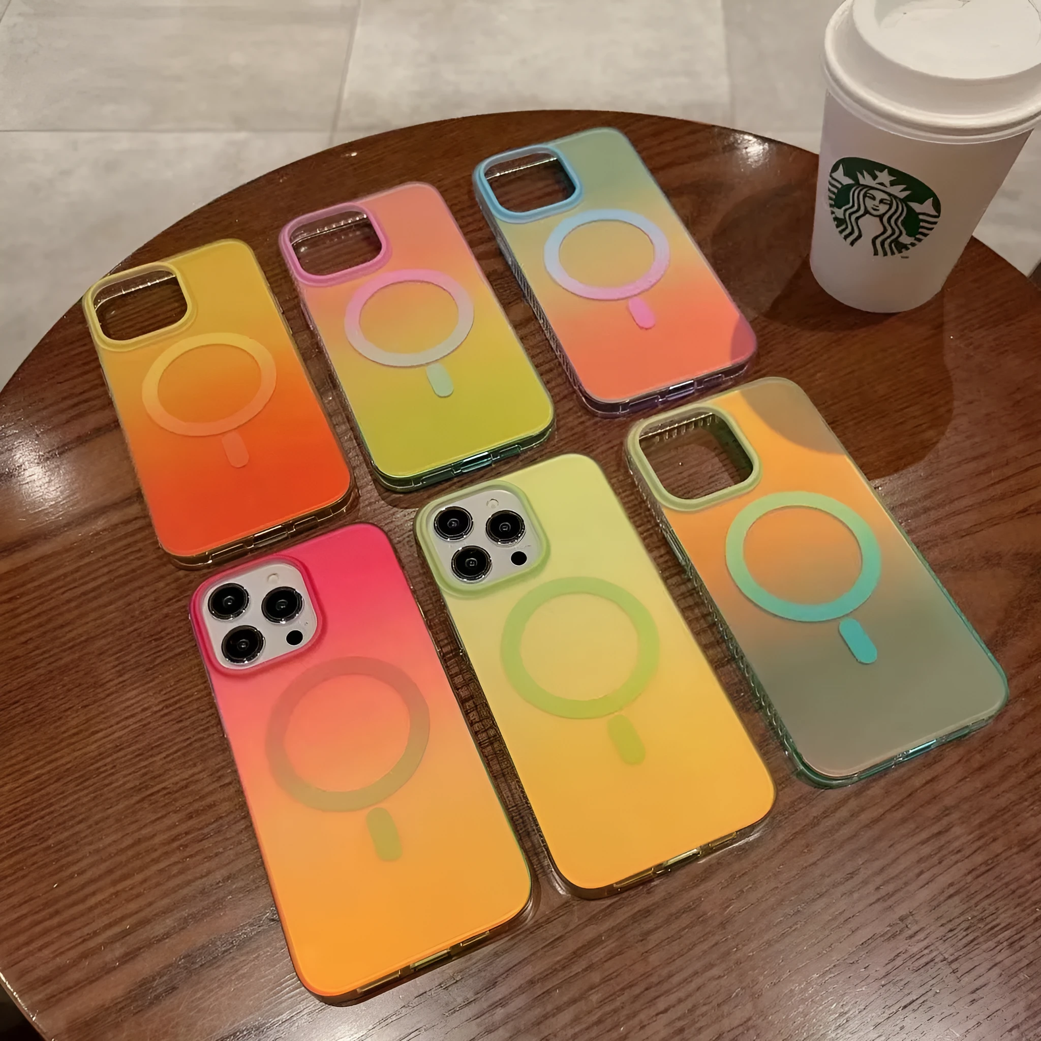 Gradient streamer neon magnetic suction phone case for iPhone in frosted acrylic with red and yellow colour