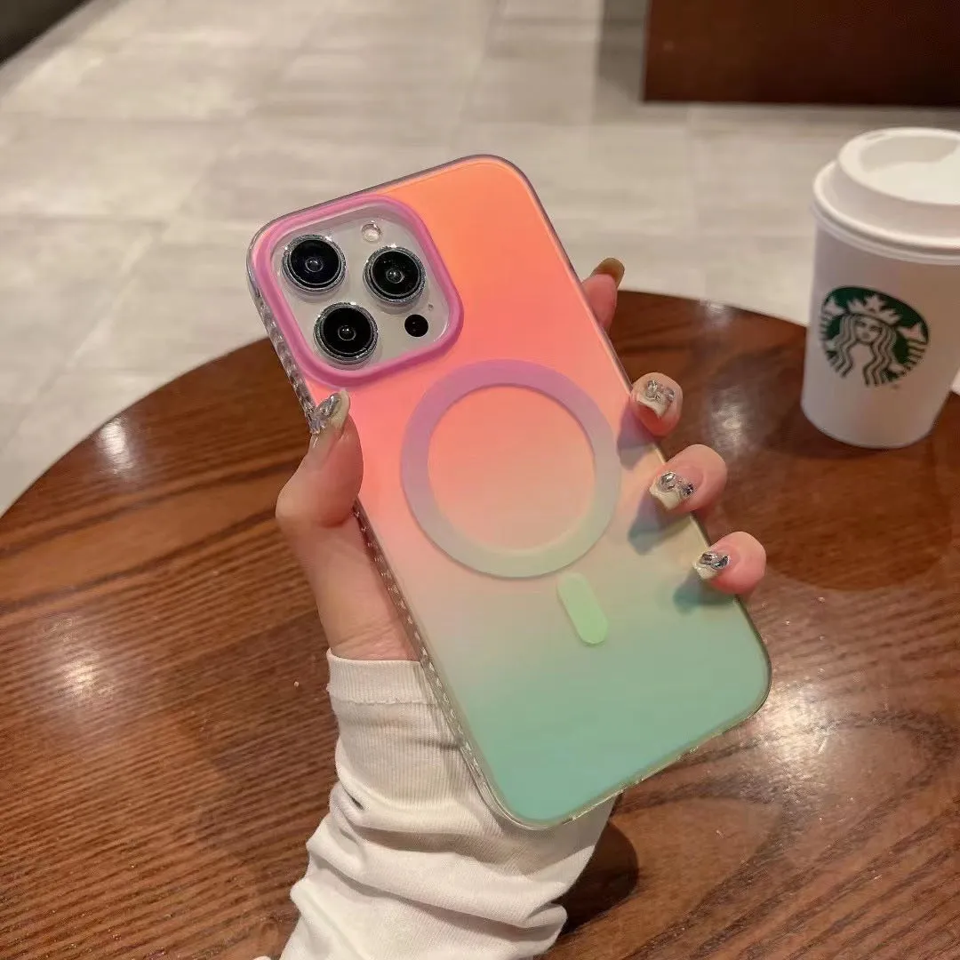 Gradient streamer neon magnetic suction phone case for iPhone in frosted acrylic with red and yellow colour
