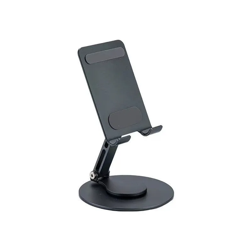 Grey aluminium alloy rotating mobile phone bracket on desk with silica gel grip, 4.8 x 4.2 x 1.4 cm, holding a smartphone in landscape mode
