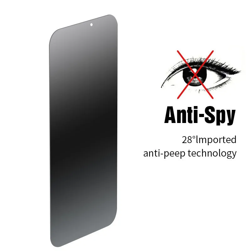 Anti-peeping tempered glass screen protector for iPhone shown against a phone.