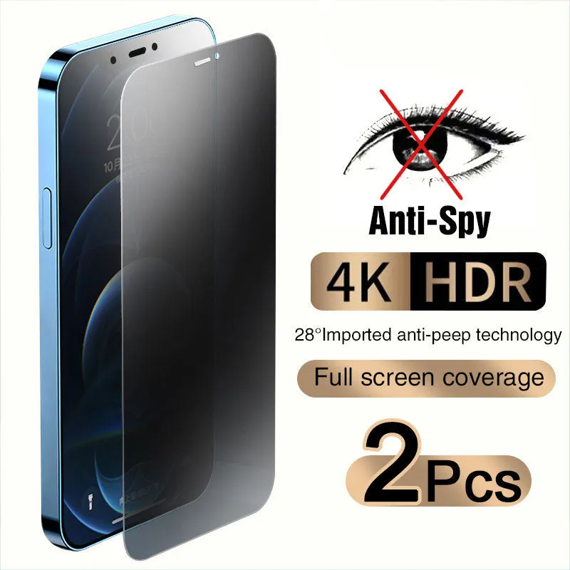 Anti-peeping tempered glass screen protector for iPhone shown against a phone.
