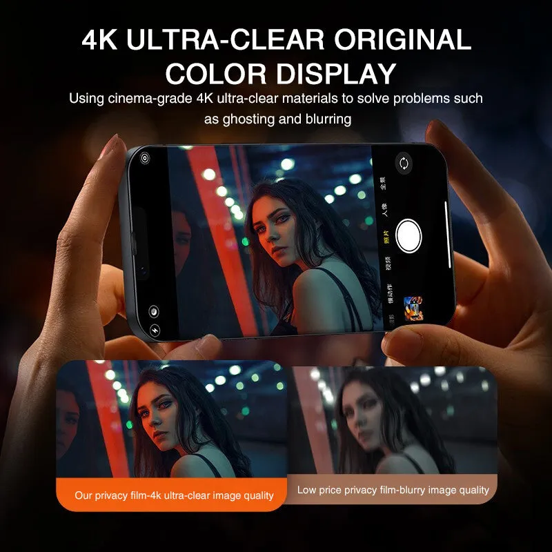 Anti-peeping tempered glass screen protector for iPhone shown against a phone.