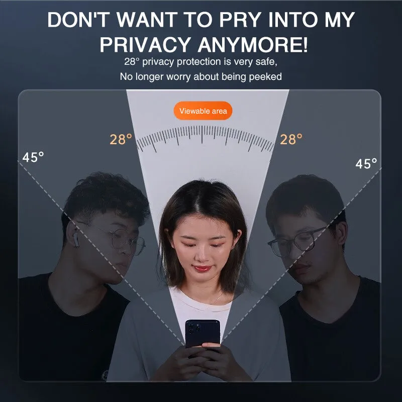 Anti-peeping tempered glass screen protector for iPhone shown against a phone.