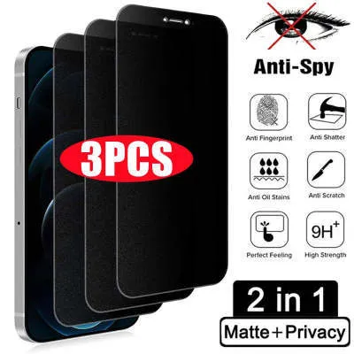 Anti-peeping tempered glass screen protector for iPhone shown against a phone.