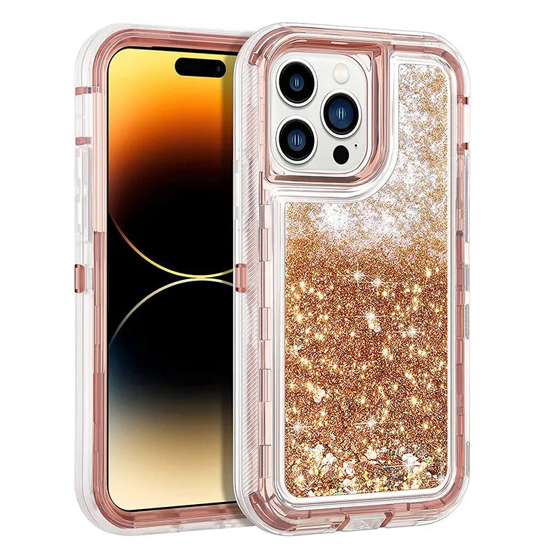 Liquid quicksand three-in-one phone case for iPhone 14 in pink with TPU PC airbag back cover