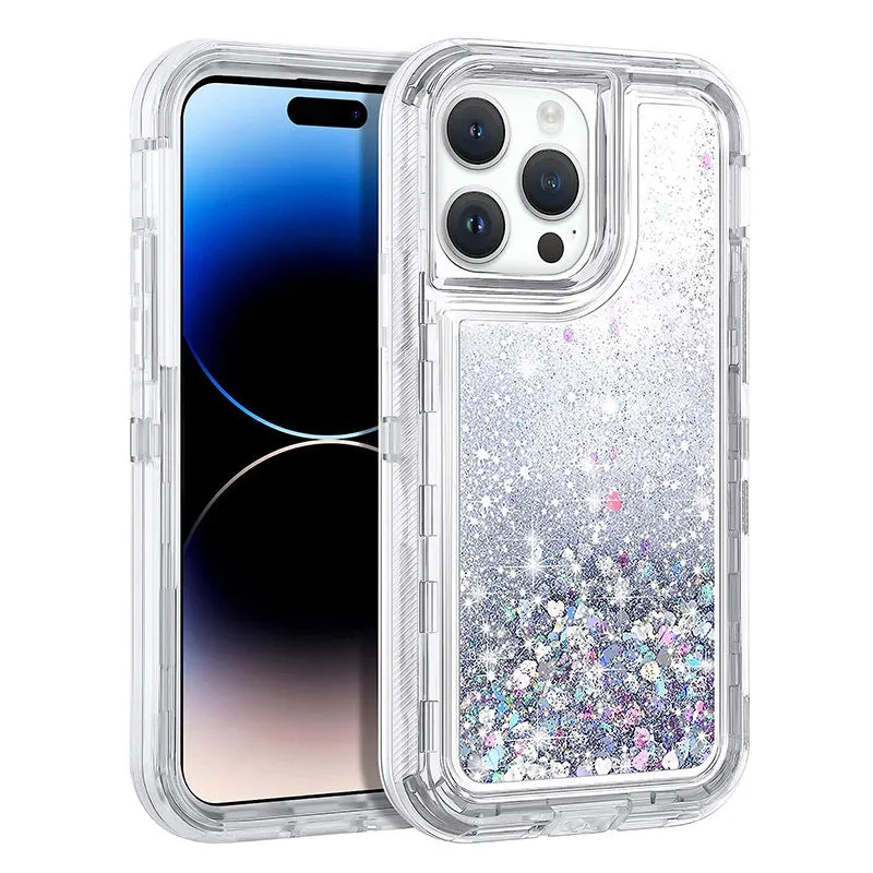 Liquid quicksand three-in-one phone case for iPhone 14 in pink with TPU PC airbag back cover