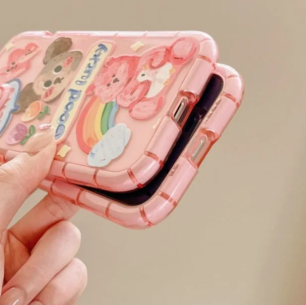Cute oil painting dog phone case in pink with rainbow bear design for Apple iPhone