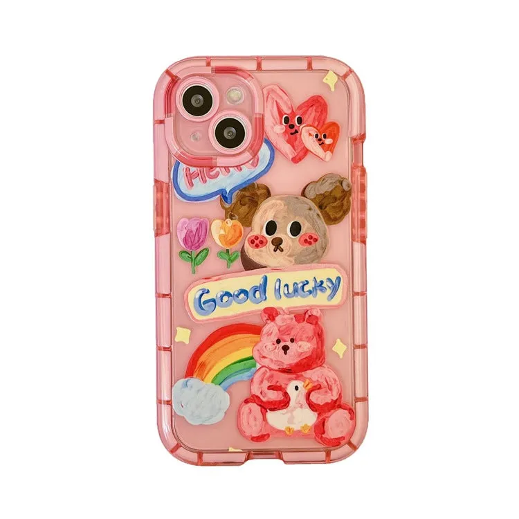 Cute oil painting dog phone case in pink with rainbow bear design for Apple iPhone