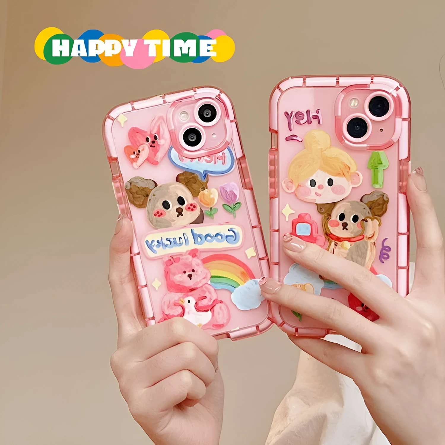 Cute oil painting dog phone case in pink with rainbow bear design for Apple iPhone