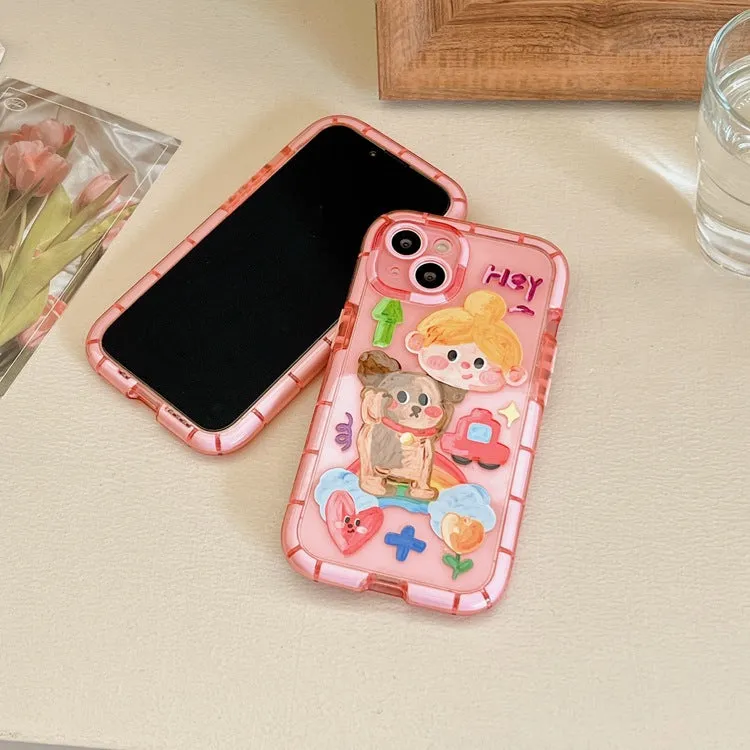 Cute oil painting dog phone case in pink with rainbow bear design for Apple iPhone