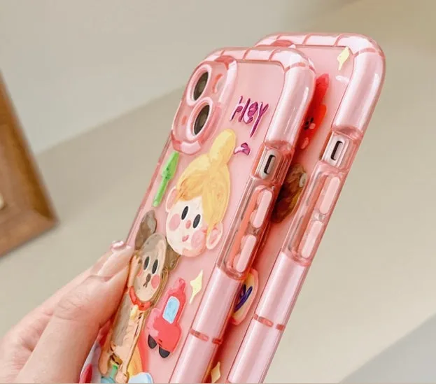 Cute oil painting dog phone case in pink with rainbow bear design for Apple iPhone