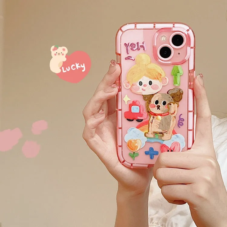 Cute oil painting dog phone case in pink with rainbow bear design for Apple iPhone