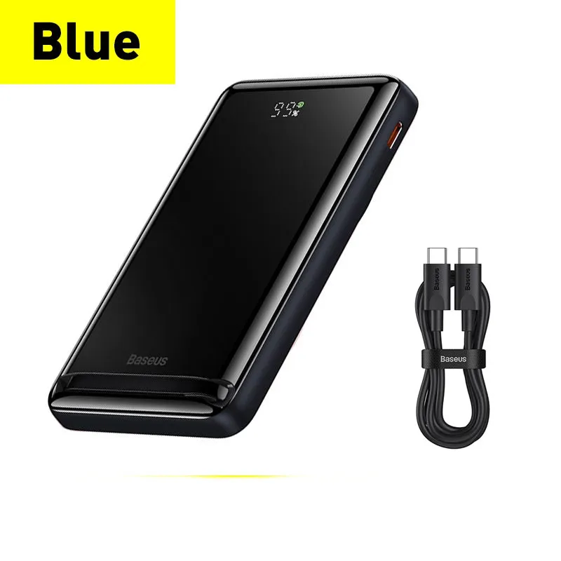 Slim blue magnetic 3-in-1 wireless power bank next to a charging cable.