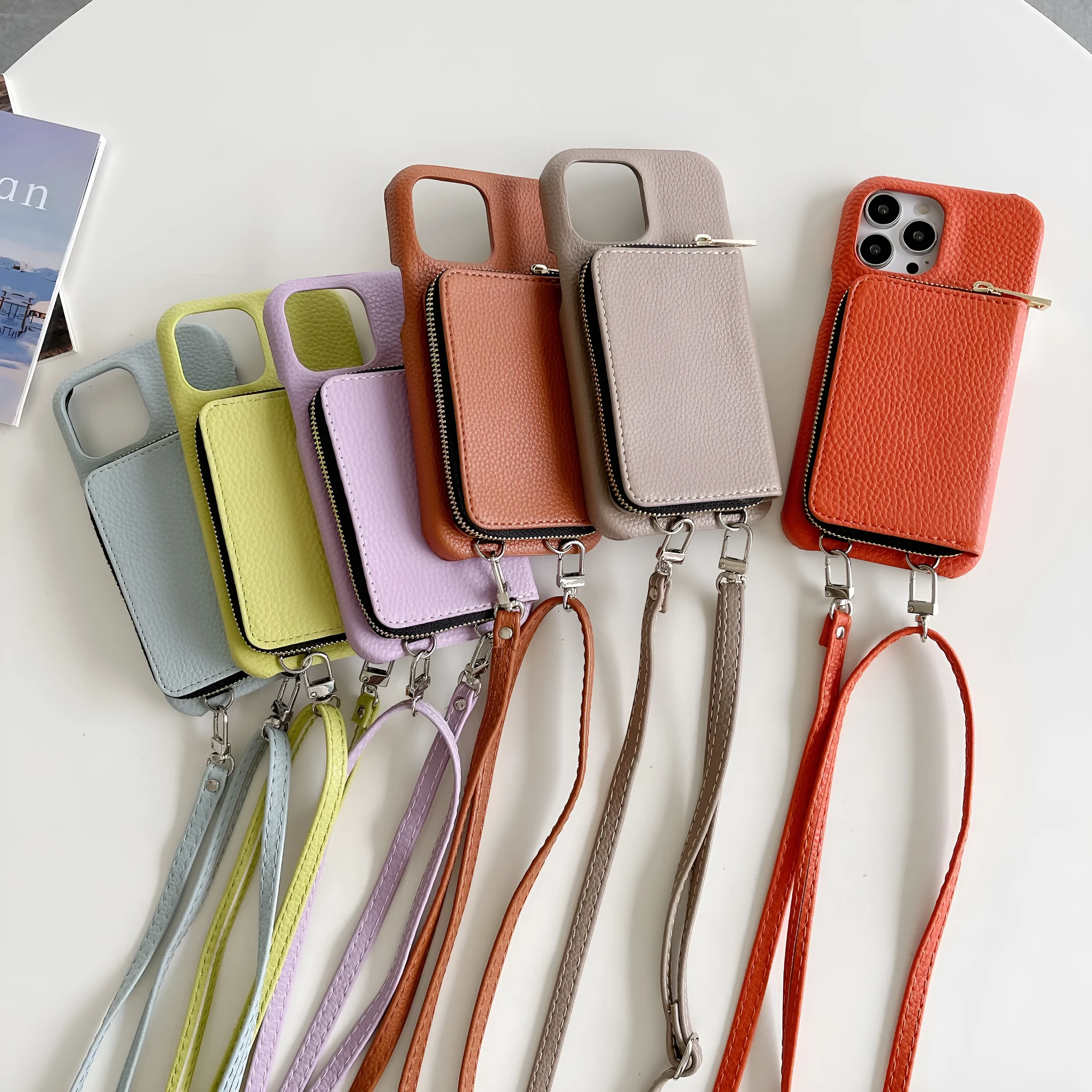 Lychee pattern leather phone case with zipper card holder and lanyard in black colour for iPhone