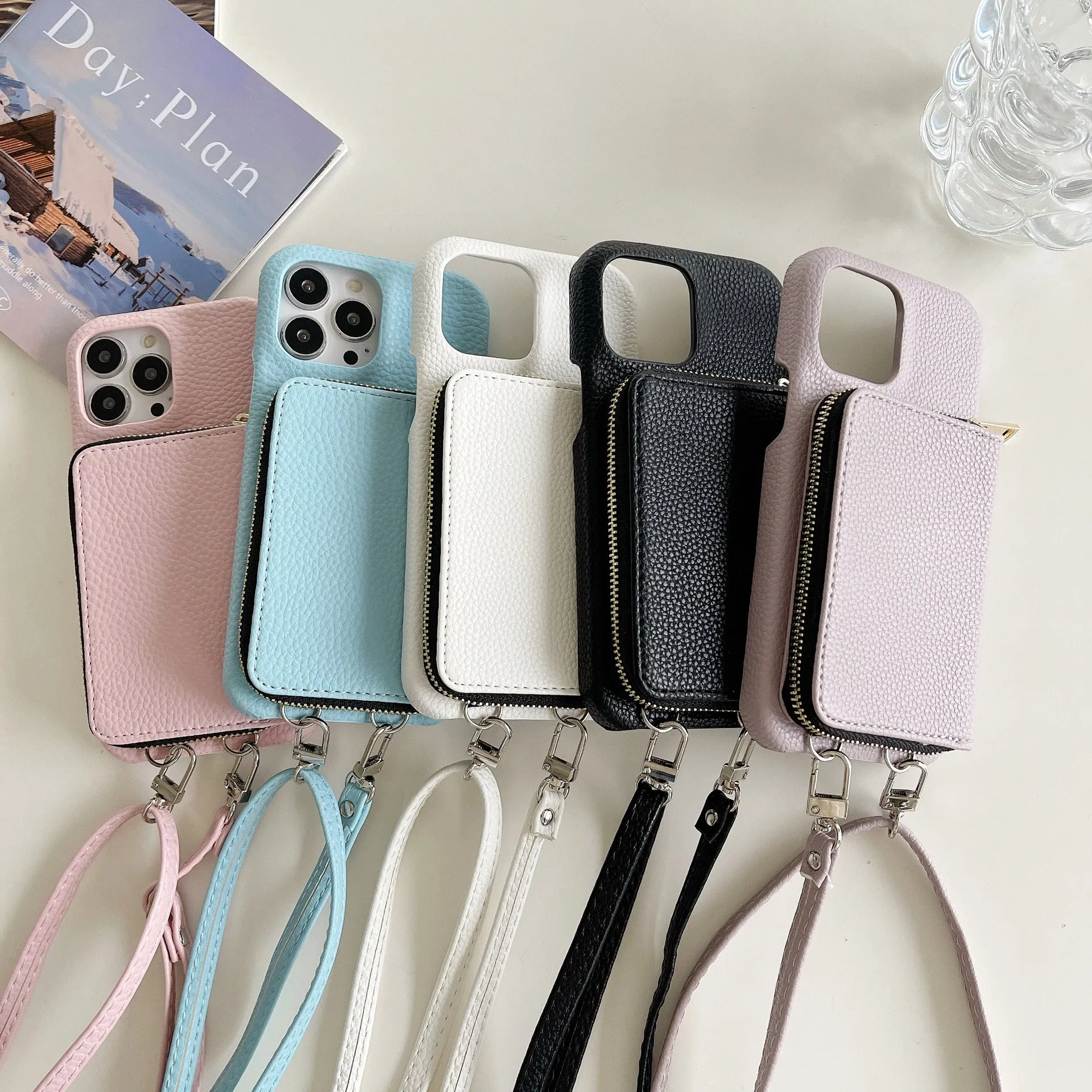 Lychee pattern leather phone case with zipper card holder and lanyard in black colour for iPhone