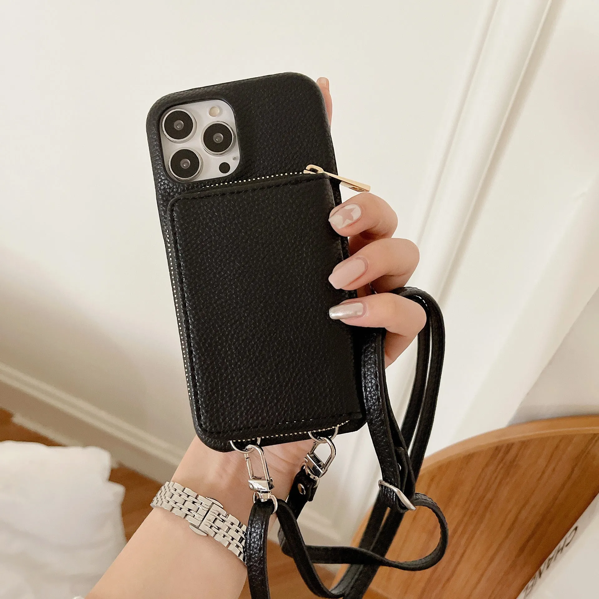 Lychee pattern leather phone case with zipper card holder and lanyard in black colour for iPhone