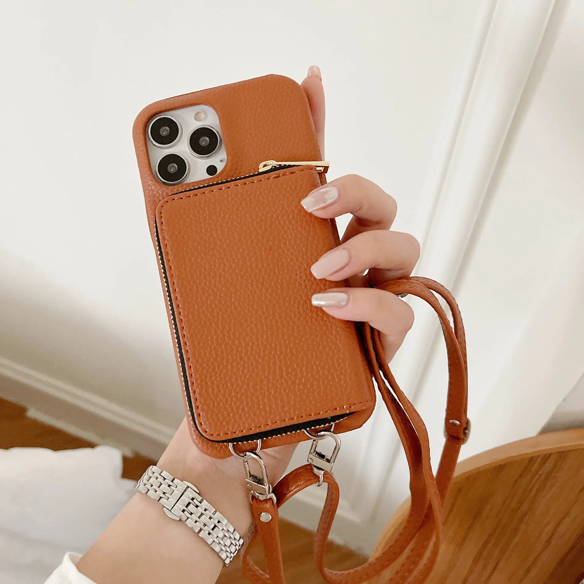 Lychee pattern leather phone case with zipper card holder and lanyard in black colour for iPhone