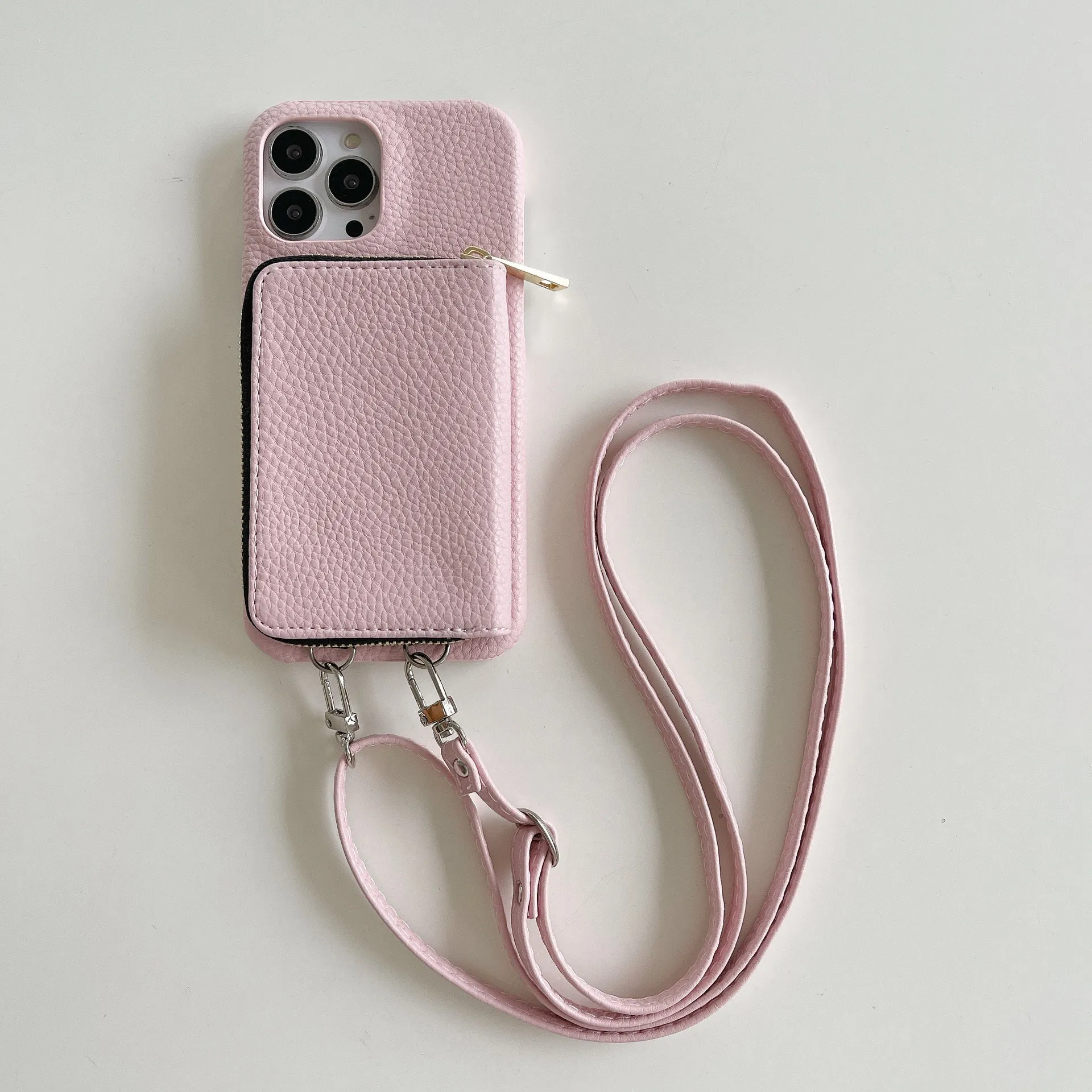 Lychee pattern leather phone case with zipper card holder and lanyard in black colour for iPhone