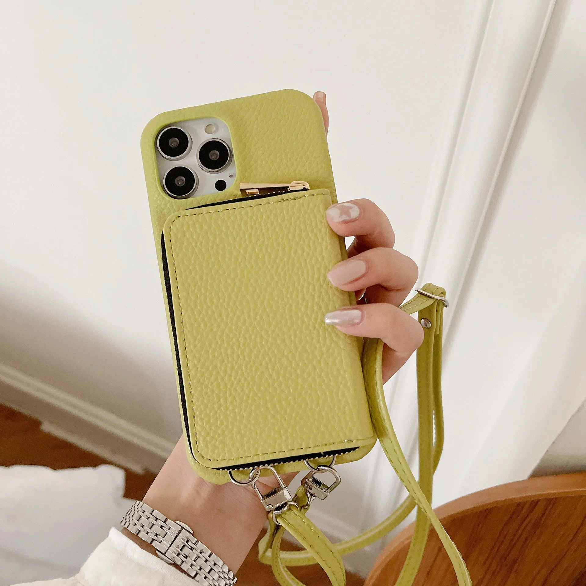 Lychee pattern leather phone case with zipper card holder and lanyard in black colour for iPhone