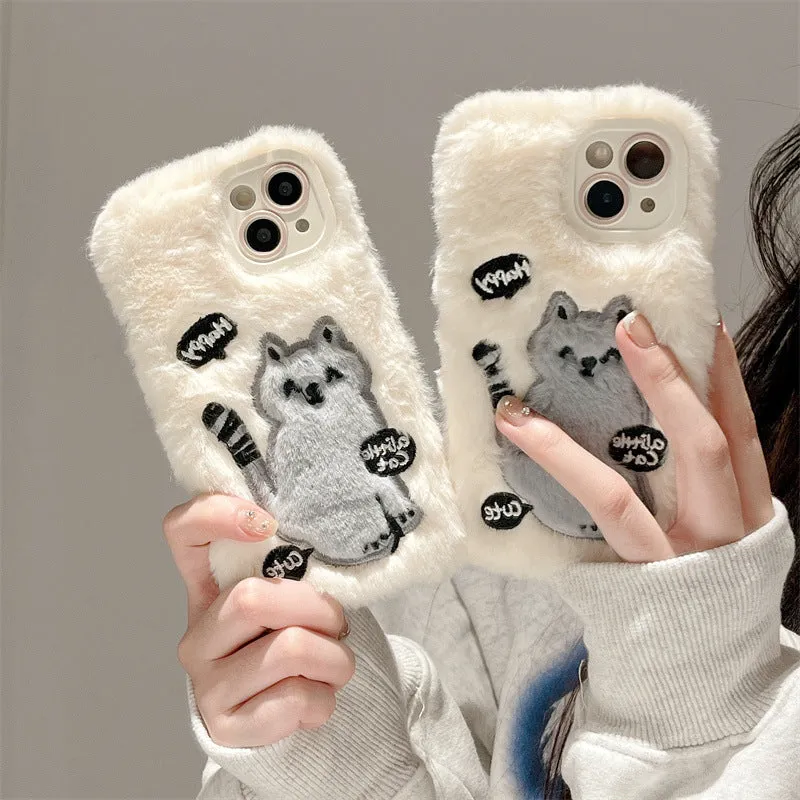 Three-pack soft shell TPU phone case with plush embroidery happy cat pattern for iPhone