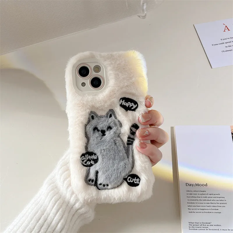 Three-pack soft shell TPU phone case with plush embroidery happy cat pattern for iPhone