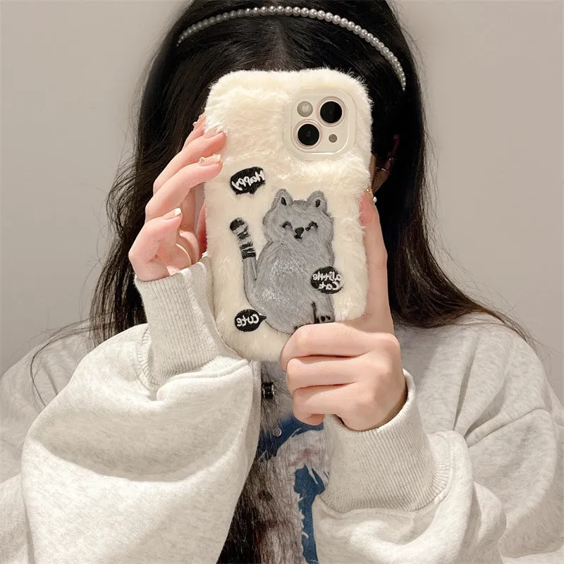 Three-pack soft shell TPU phone case with plush embroidery happy cat pattern for iPhone