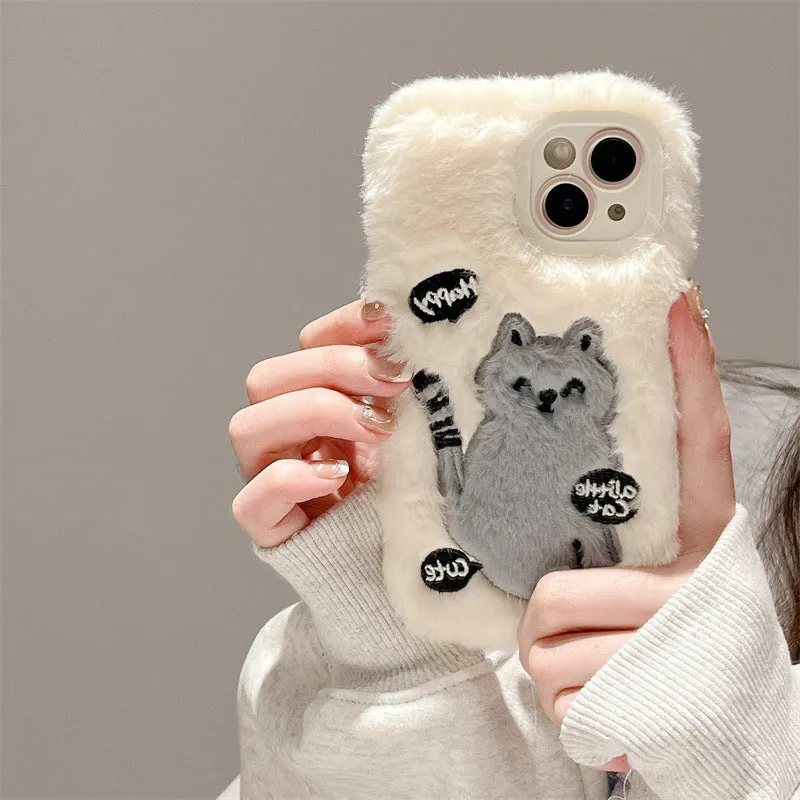 Three-pack soft shell TPU phone case with plush embroidery happy cat pattern for iPhone