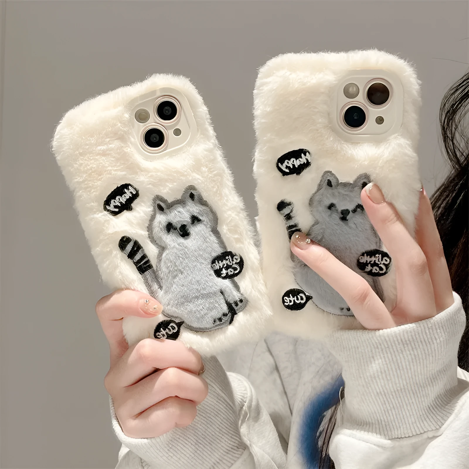 Three-pack soft shell TPU phone case with plush embroidery happy cat pattern for iPhone