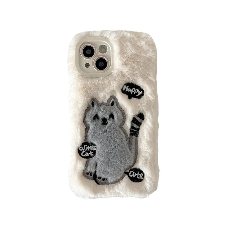 Three-pack soft shell TPU phone case with plush embroidery happy cat pattern for iPhone