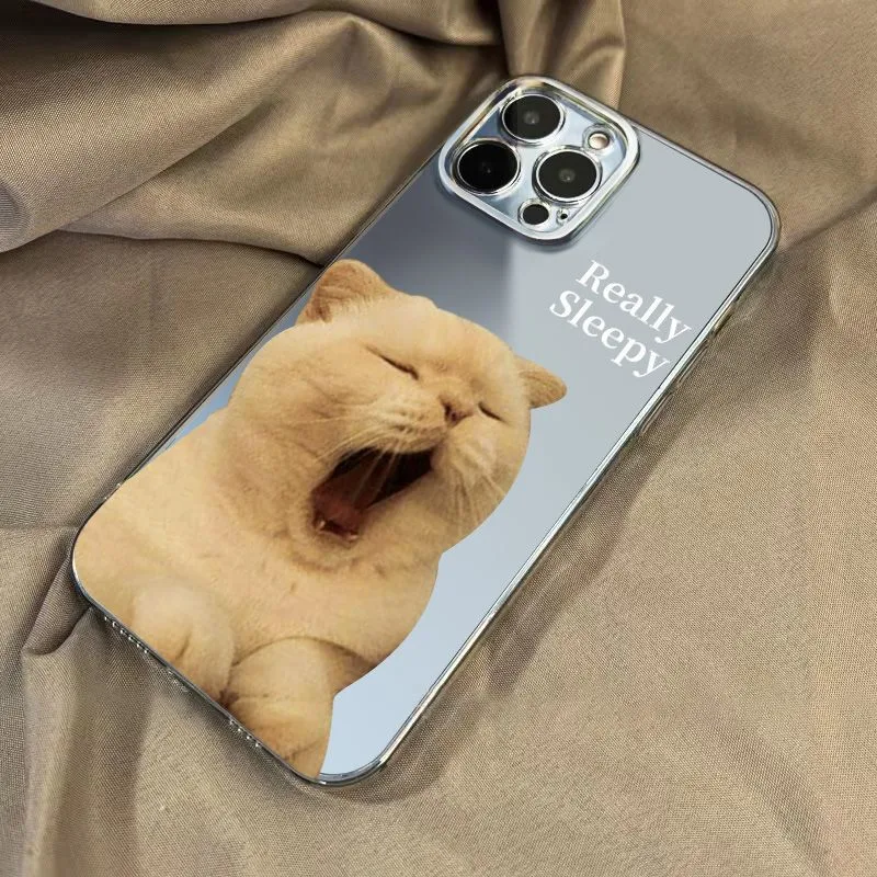 Simple Sleepy Yawn Cat phone case in black colour for iPhone with sprayed graphic on TPE material.