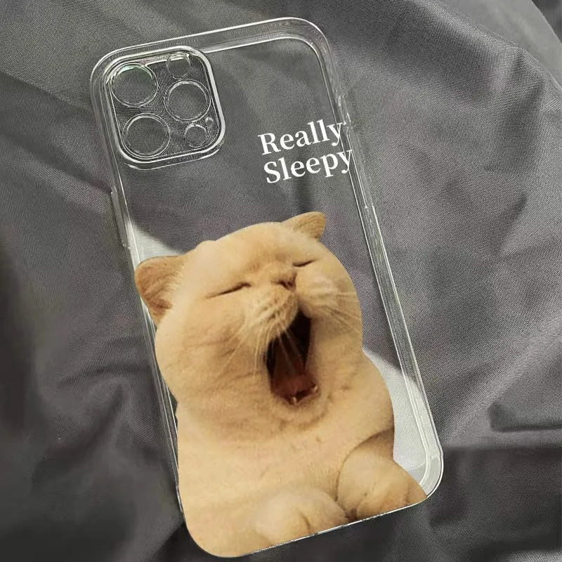 Simple Sleepy Yawn Cat phone case in black colour for iPhone with sprayed graphic on TPE material.