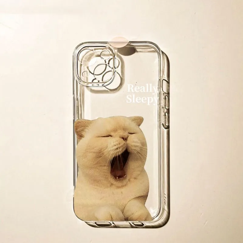 Simple Sleepy Yawn Cat phone case in black colour for iPhone with sprayed graphic on TPE material.