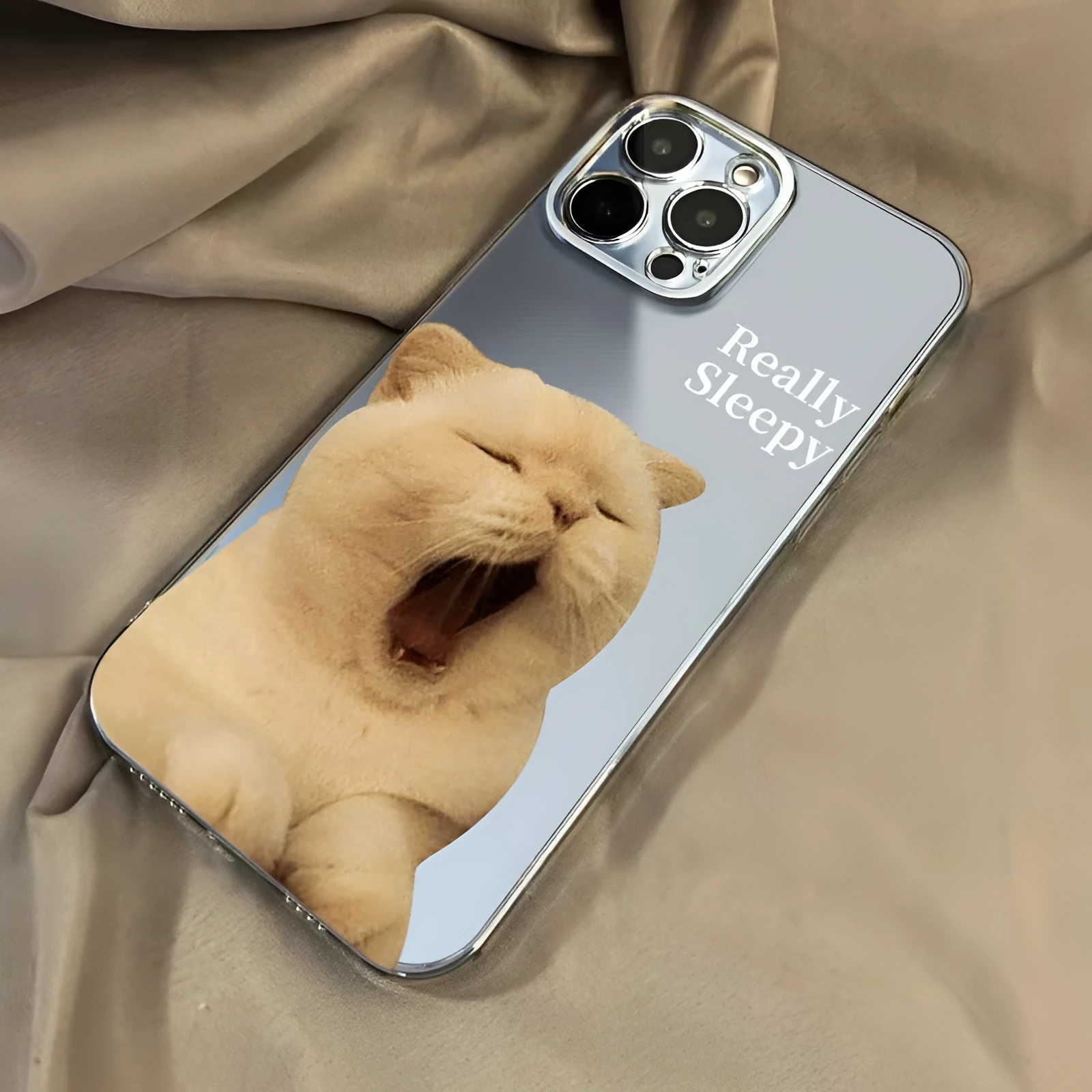 Simple Sleepy Yawn Cat phone case in black colour for iPhone with sprayed graphic on TPE material.