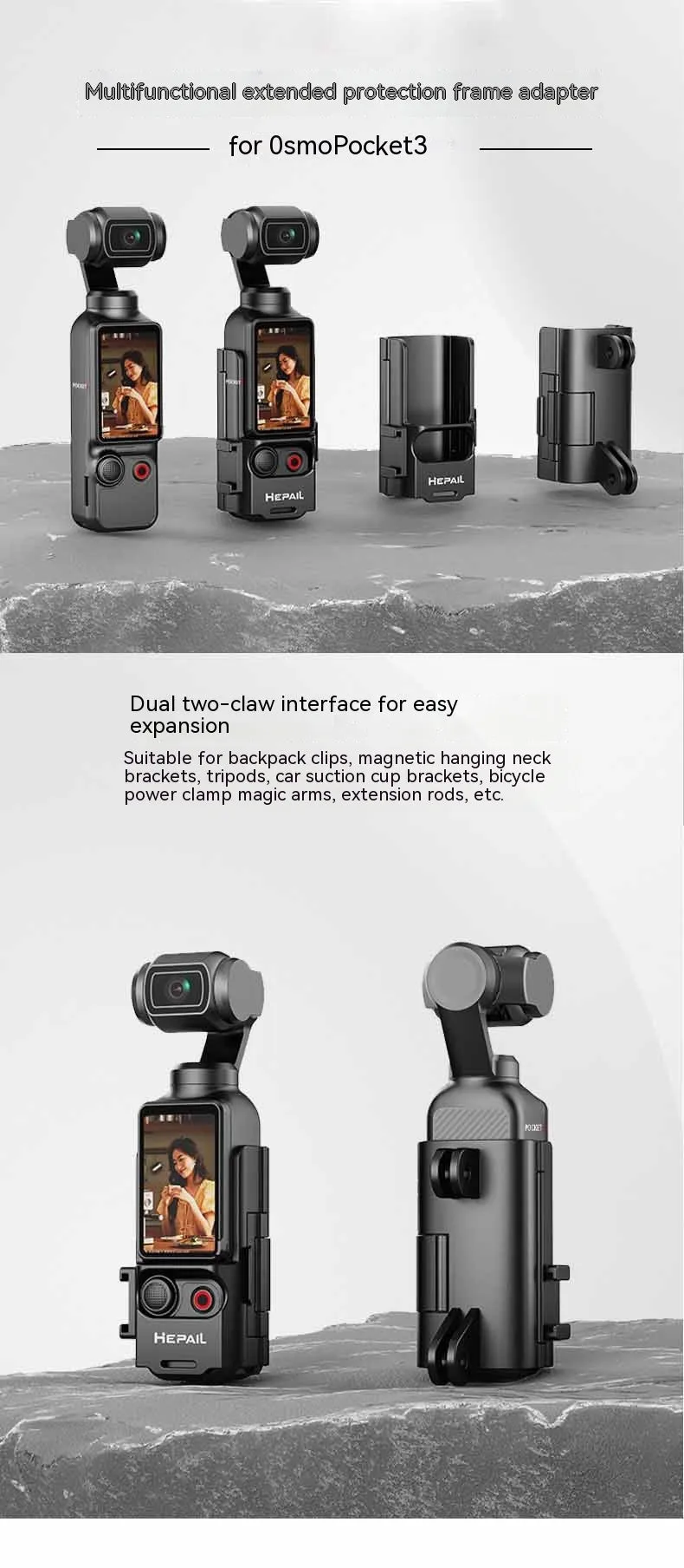Pocket3 multi-function expansion protection frame with cold shoe adapter bracket for Osmo Pocket 3 camera
