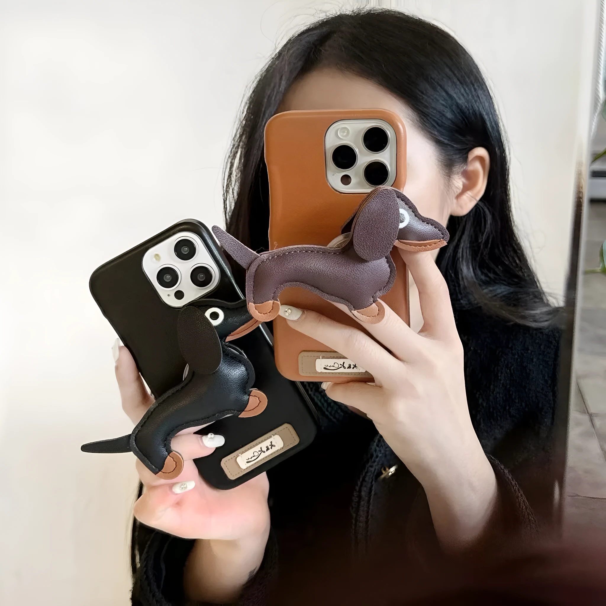 Sausage dog bracket phone case with imitation leather finish in black shell, compatible with iPhone models