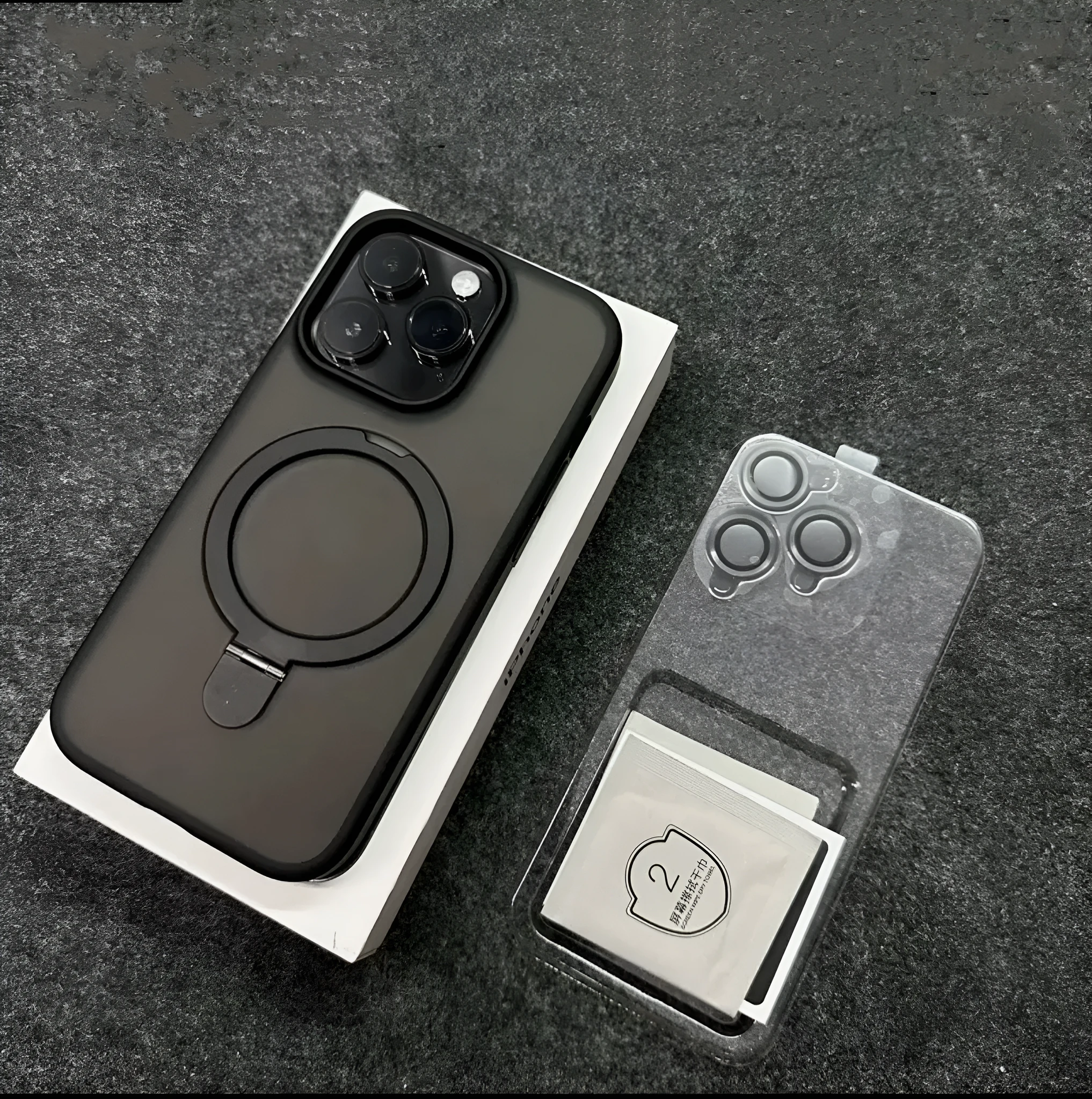 Magnetic bracket phone case with lens protector for iPhone, frosted PC, four colour options