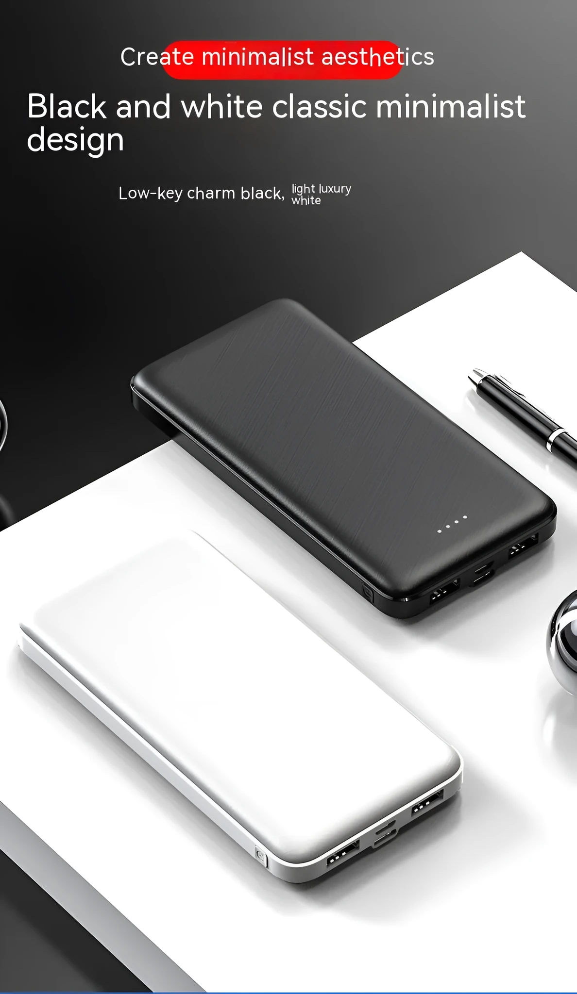 Thin portable power bank plastic shell multi-U port output black colour with cartoon style