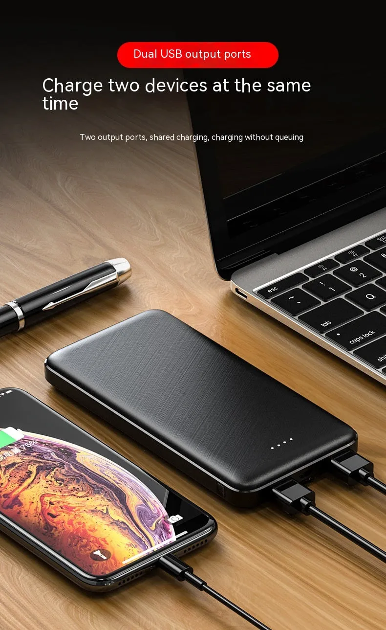 Thin portable power bank plastic shell multi-U port output black colour with cartoon style