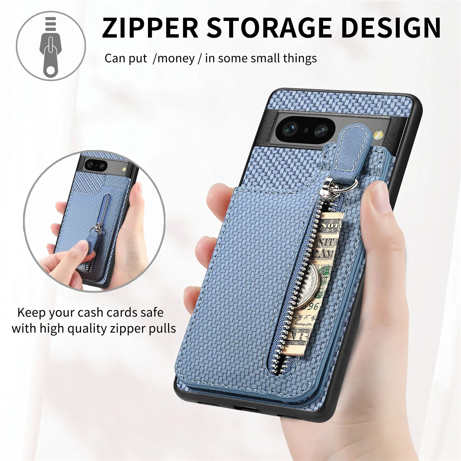 Multi-function TPU PU phone case with zipper card holder for Google Pixel, available in five colours black apricot green blue brown