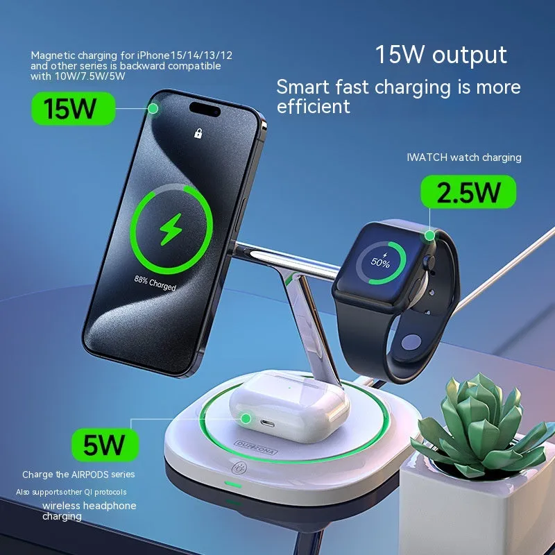 White three-in-one magnetic wireless charger with phone, earphone and watch stands on a desk