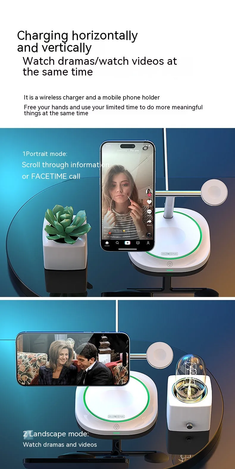White three-in-one magnetic wireless charger with phone, earphone and watch stands on a desk