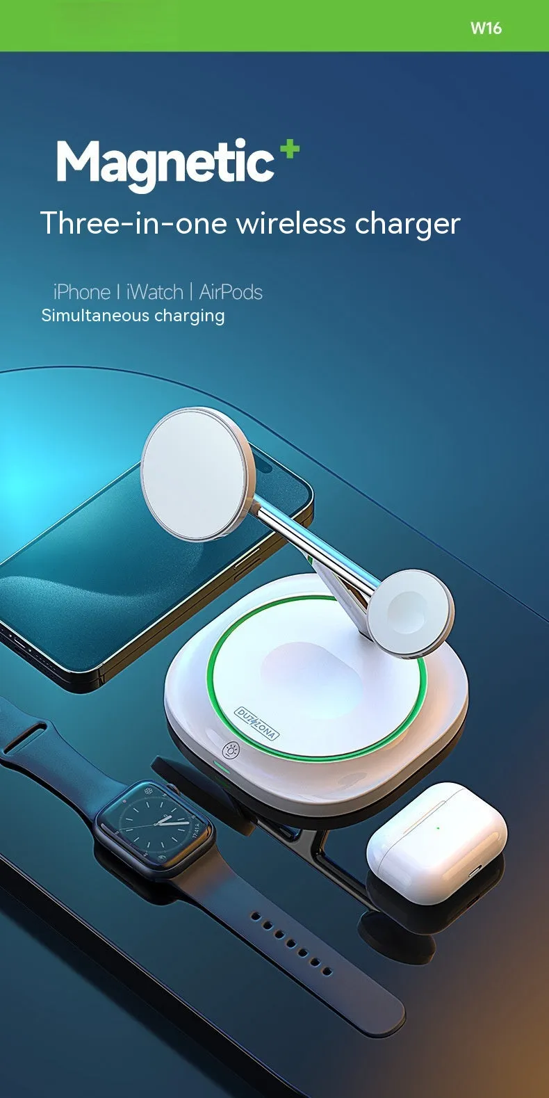 White three-in-one magnetic wireless charger with phone, earphone and watch stands on a desk