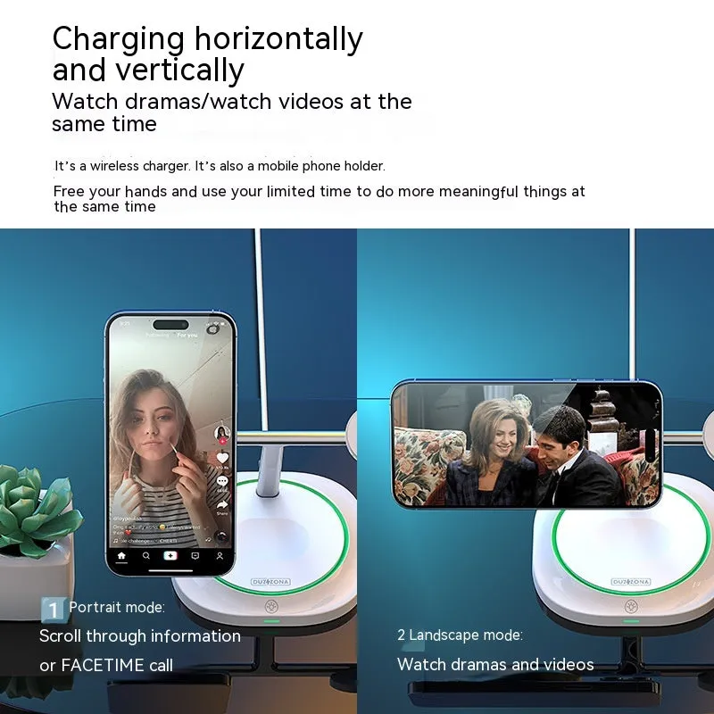 White three-in-one magnetic wireless charger with phone, earphone and watch stands on a desk