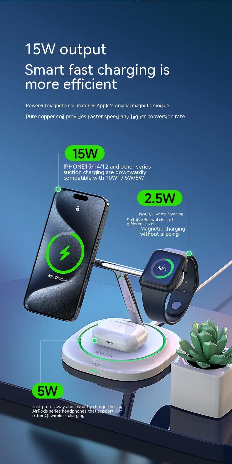 White three-in-one magnetic wireless charger with phone, earphone and watch stands on a desk
