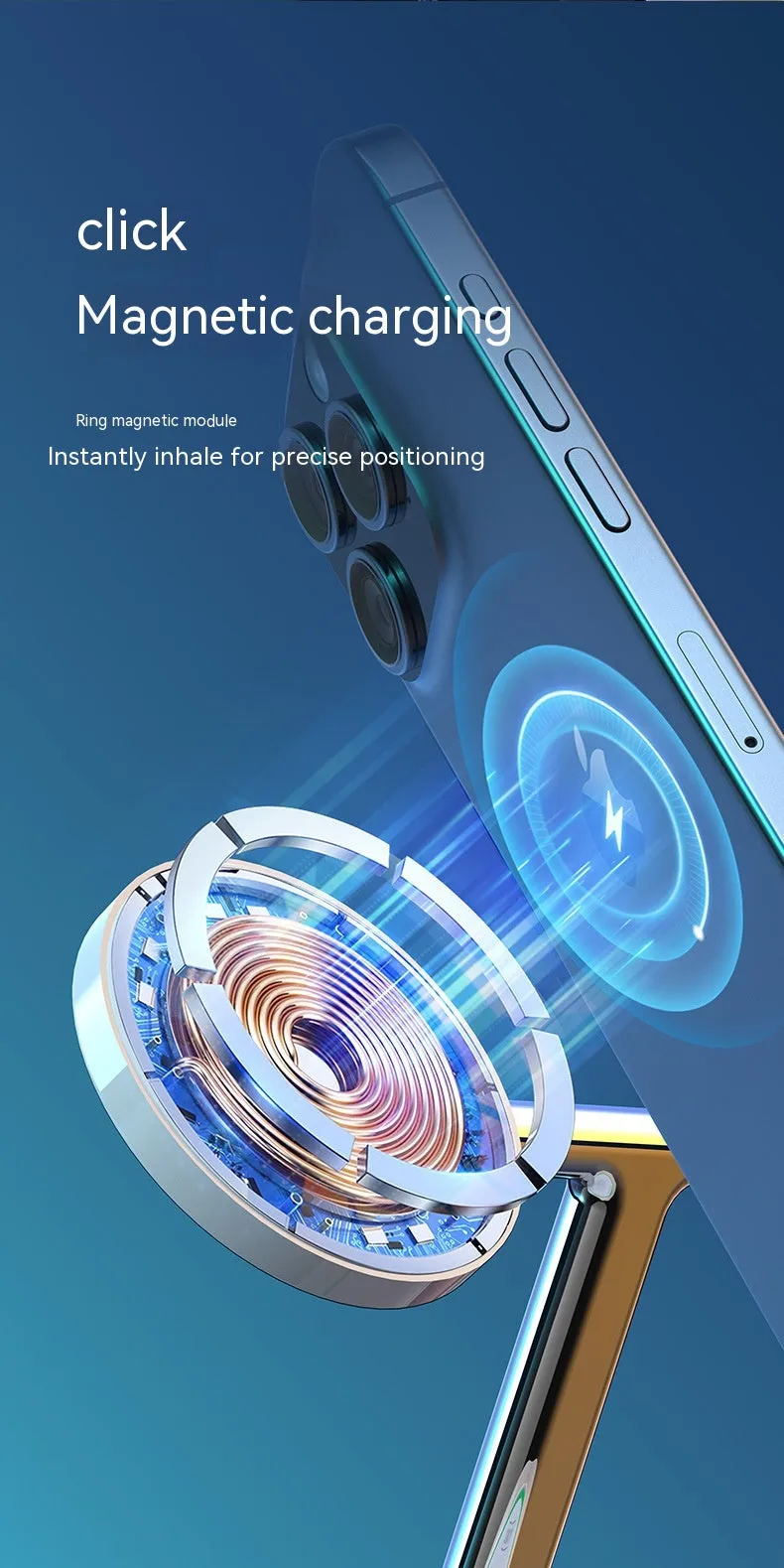White three-in-one magnetic wireless charger with phone, earphone and watch stands on a desk