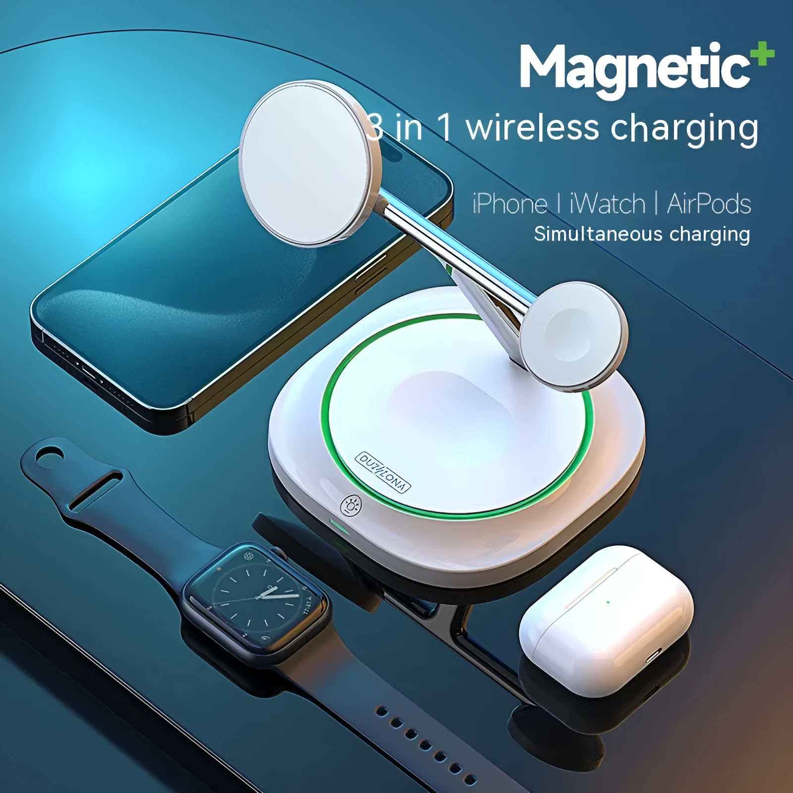 White three-in-one magnetic wireless charger with phone, earphone and watch stands on a desk