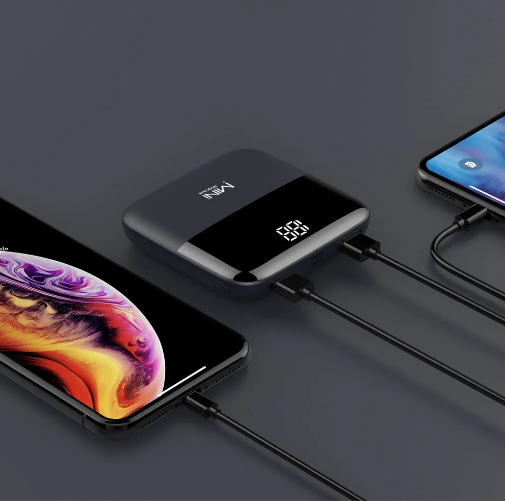 Black Android 10000mAh portable power bank with digital display showing battery percentage and dual USB ports.