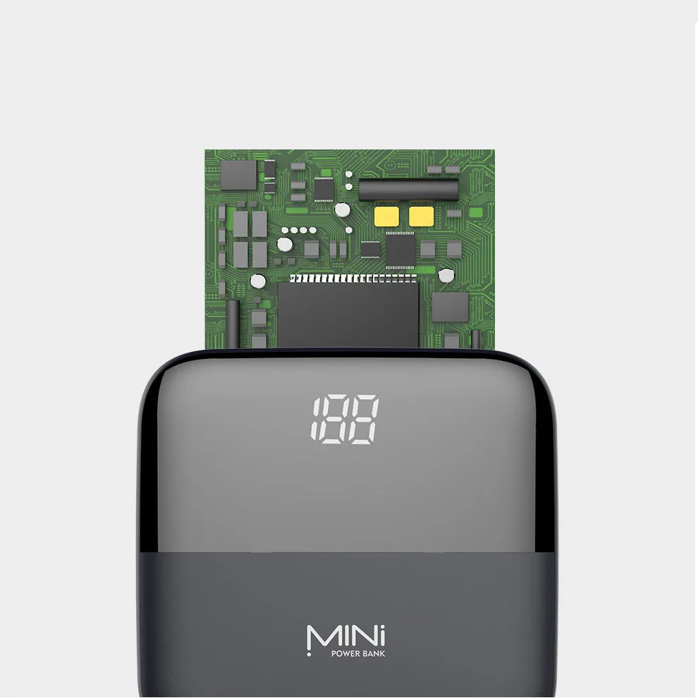 Black Android 10000mAh portable power bank with digital display showing battery percentage and dual USB ports.